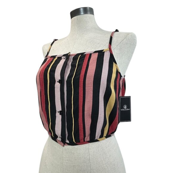 VOLCOM Danger Inside Cami Tank Top Sz L Multicolor Stripe Cropped Button Up Cami - Picture 2 of 8